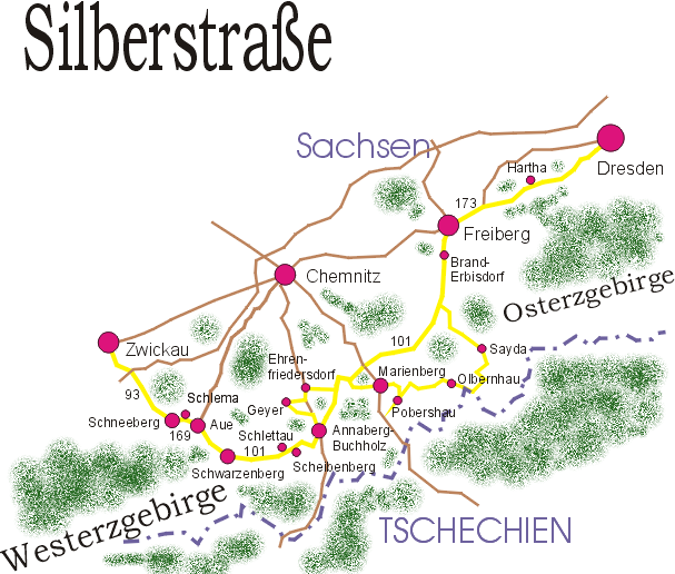 Lage der alten Silberstraße in Sachsen
